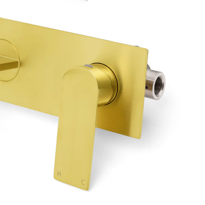 Brushed Gold Cubic Square Wall Mount Basin Mixer Laundry Tap Spout Vanity Faucet V1233-KRS301G