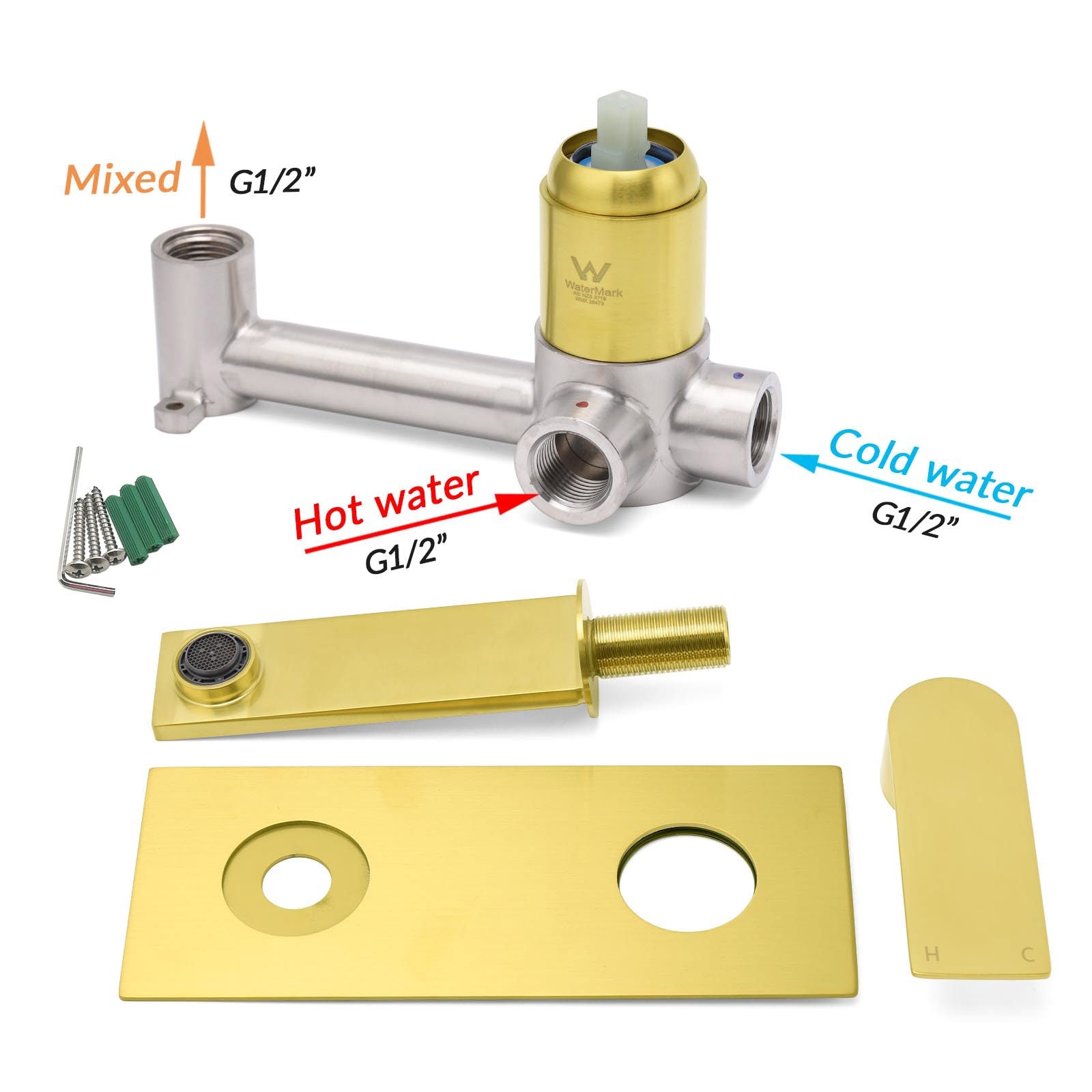 Brushed Gold Cubic Square Wall Mount Basin Mixer Laundry Tap Spout Vanity Faucet V1233-KRS301G