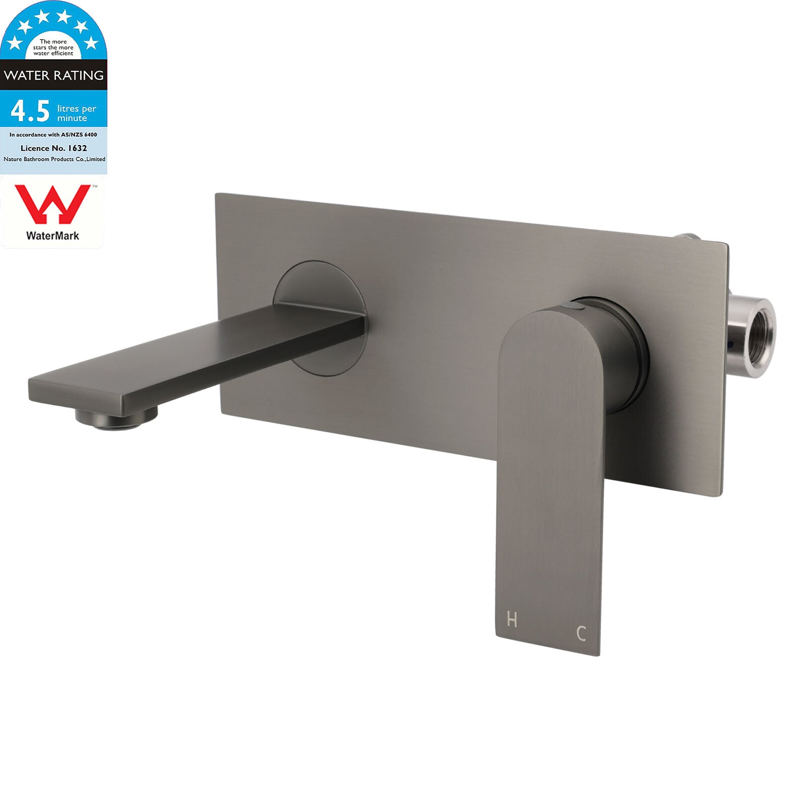 WELS 4.5L/m Gun Metal Square Wall Mount Basin Mixer Laundry Faucet Tap Spout Set V1233-KRS301GM