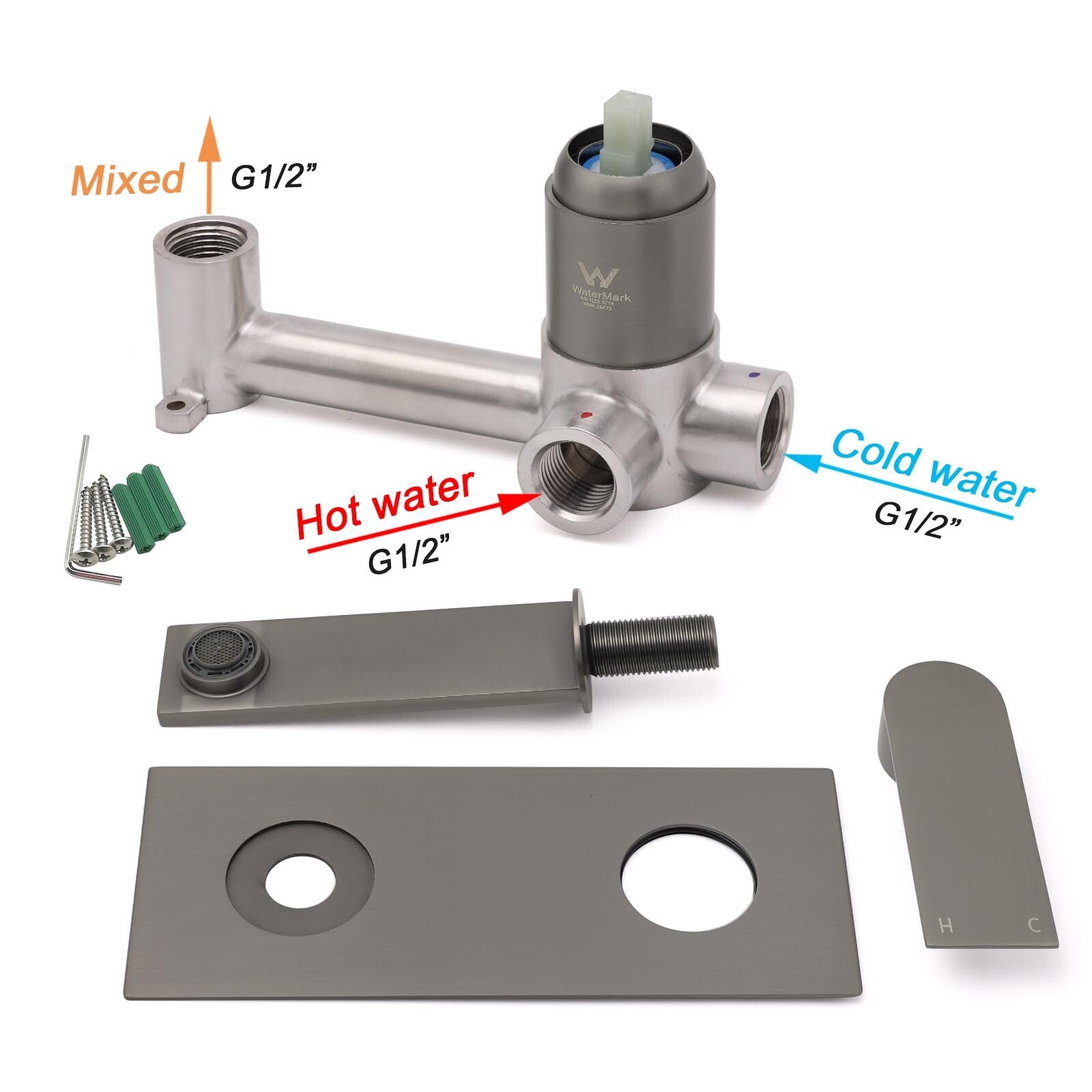 WELS 4.5L/m Gun Metal Square Wall Mount Basin Mixer Laundry Faucet Tap Spout Set V1233-KRS301GM
