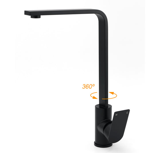 WELS Matte Black High Rise Gooseneck Kitchen Sink Laundry Mixer Faucet Tapware V1233-KRS501BL