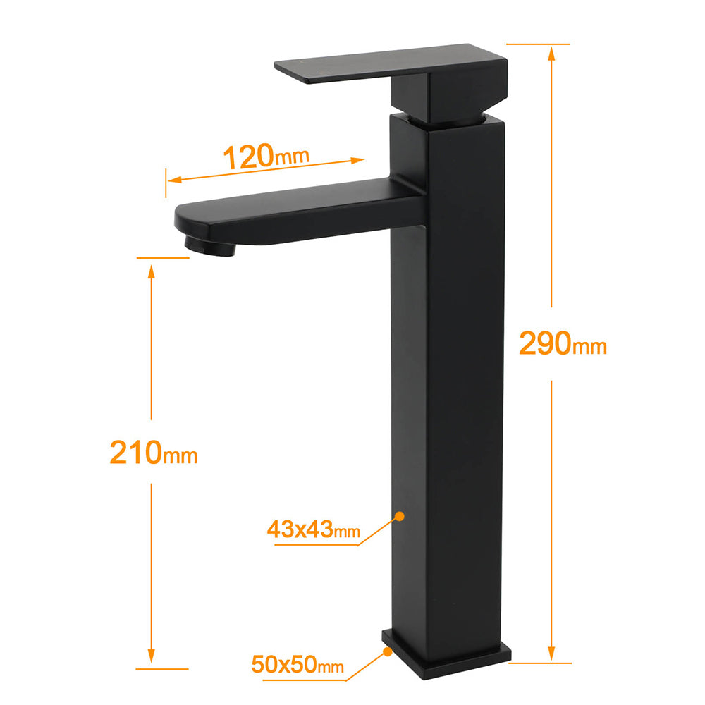 Matt Black Tall Square Basin Mixer Vanity Laundry Counter Sink Faucet Tap Outlet V1233-KSQ102B