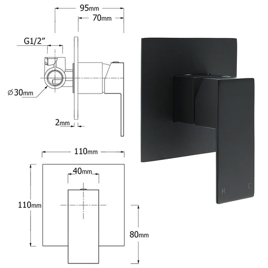 Matt Black Square Shower Mixer Hot Cold Tap Ceramic Cartridge Spindle Watermark V1233-KSQ201B