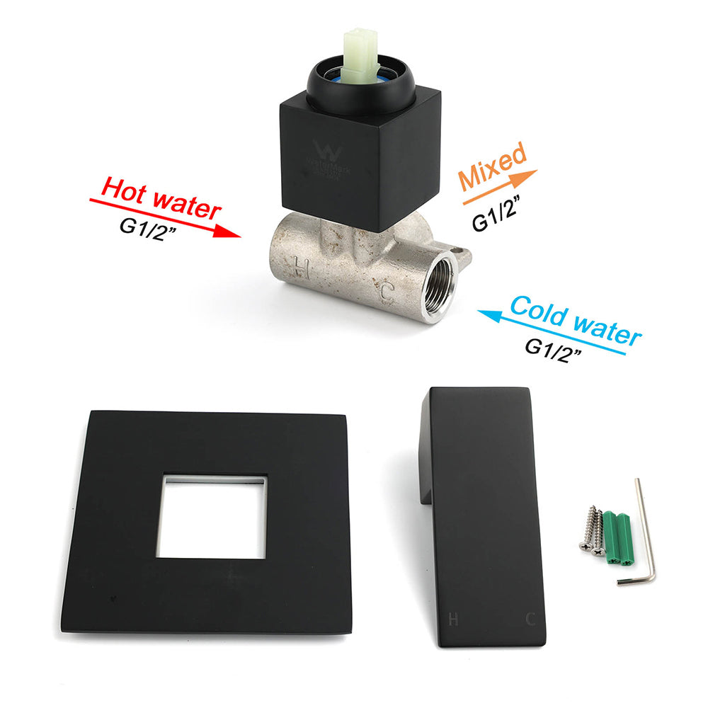 Matt Black Square Shower Mixer Hot Cold Tap Ceramic Cartridge Spindle Watermark V1233-KSQ201B