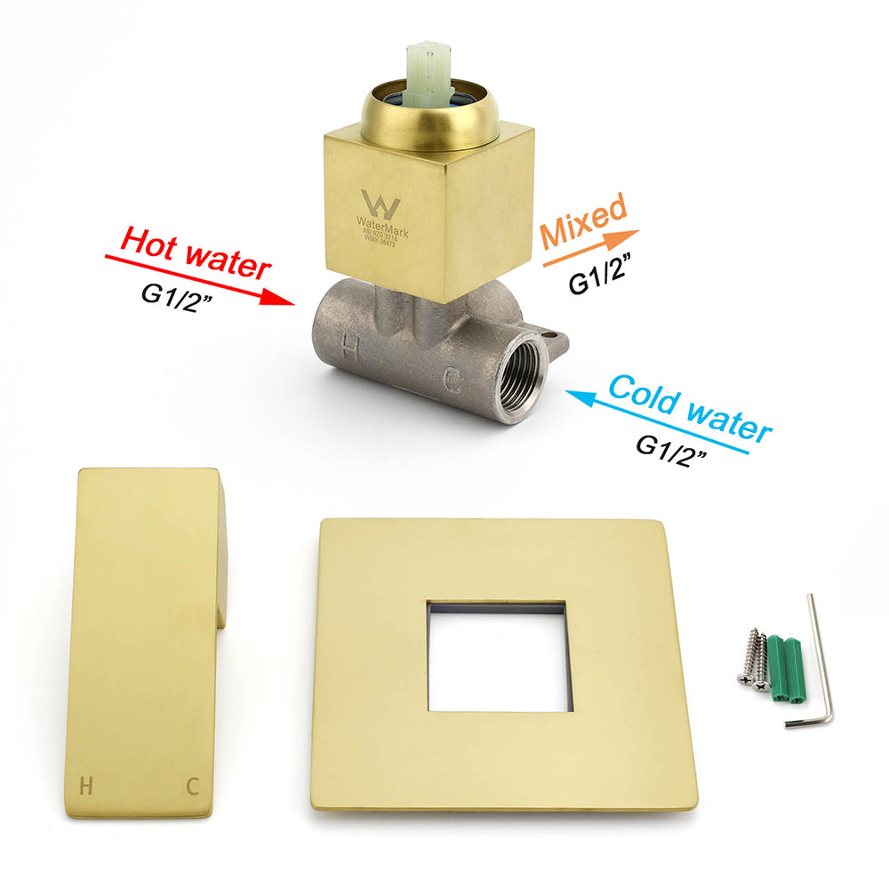 Brushed Gold Square Bath Shower Mixer Hot Cold Tap Ceramic Cartridge For Bath Set V1233-KSQ201GBG