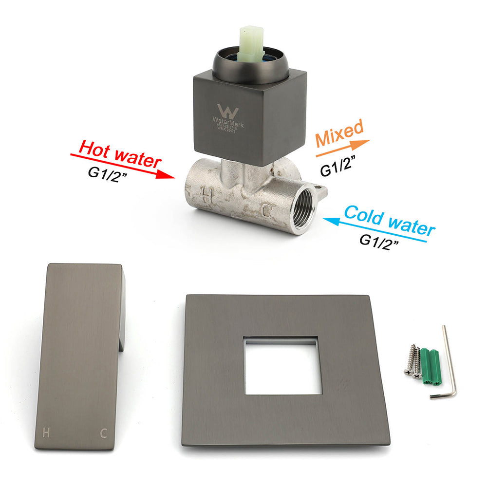 Watermark Gun Metal Square Bath Shower Mixer Hot Cold Tap Ceramic Cartridge Valve V1233-KSQ201GM