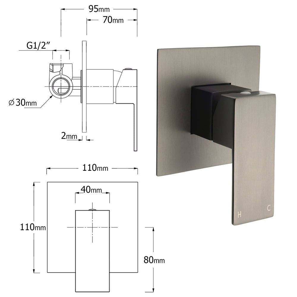 Watermark Gun Metal Square Bath Shower Mixer Hot Cold Tap Ceramic Cartridge Valve V1233-KSQ201GM