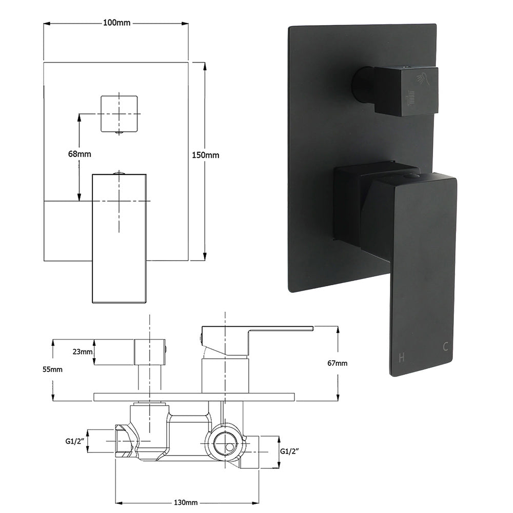 Matt Black Square Stainless Steel Shower Mixer 2 Way Bath Set Diverter Watermark V1233-KSQ202B