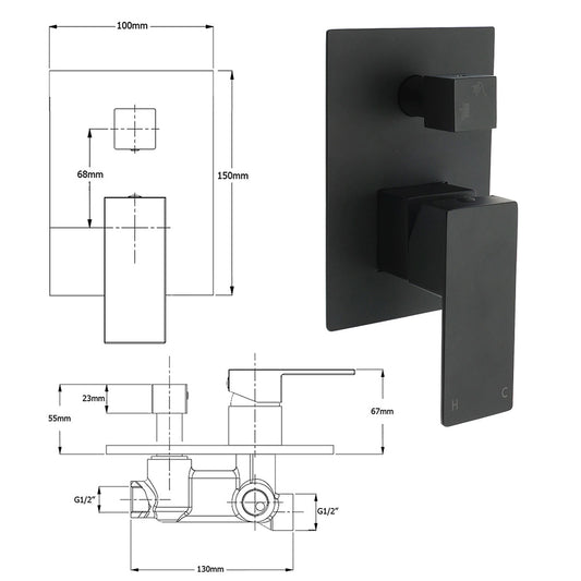 Matt Black Square Stainless Steel Shower Mixer 2 Way Bath Set Diverter Watermark V1233-KSQ202B