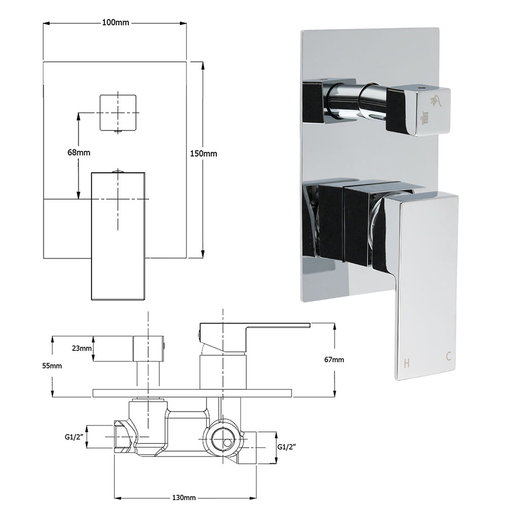 Bathroom Square Shower Mixer Diverter Tap Square Chrome For Spout Shower Head V1233-KSQ202CR
