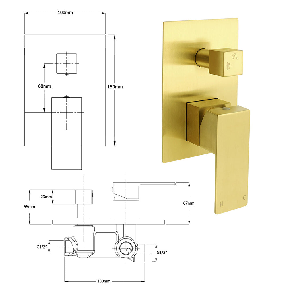 Watermark 1/2 Inch Shower Mixer Diverter Brushed Gold Square Stainless Steel Set V1233-KSQ202G