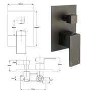 Gun Metal Square Stainless Steel Bath Shower Mixer 2 Way Switch Diverter Watermark V1233-KSQ202GM