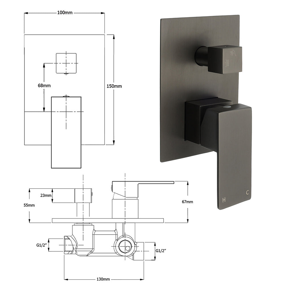 Gun Metal Square Stainless Steel Bath Shower Mixer 2 Way Switch Diverter Watermark V1233-KSQ202GM