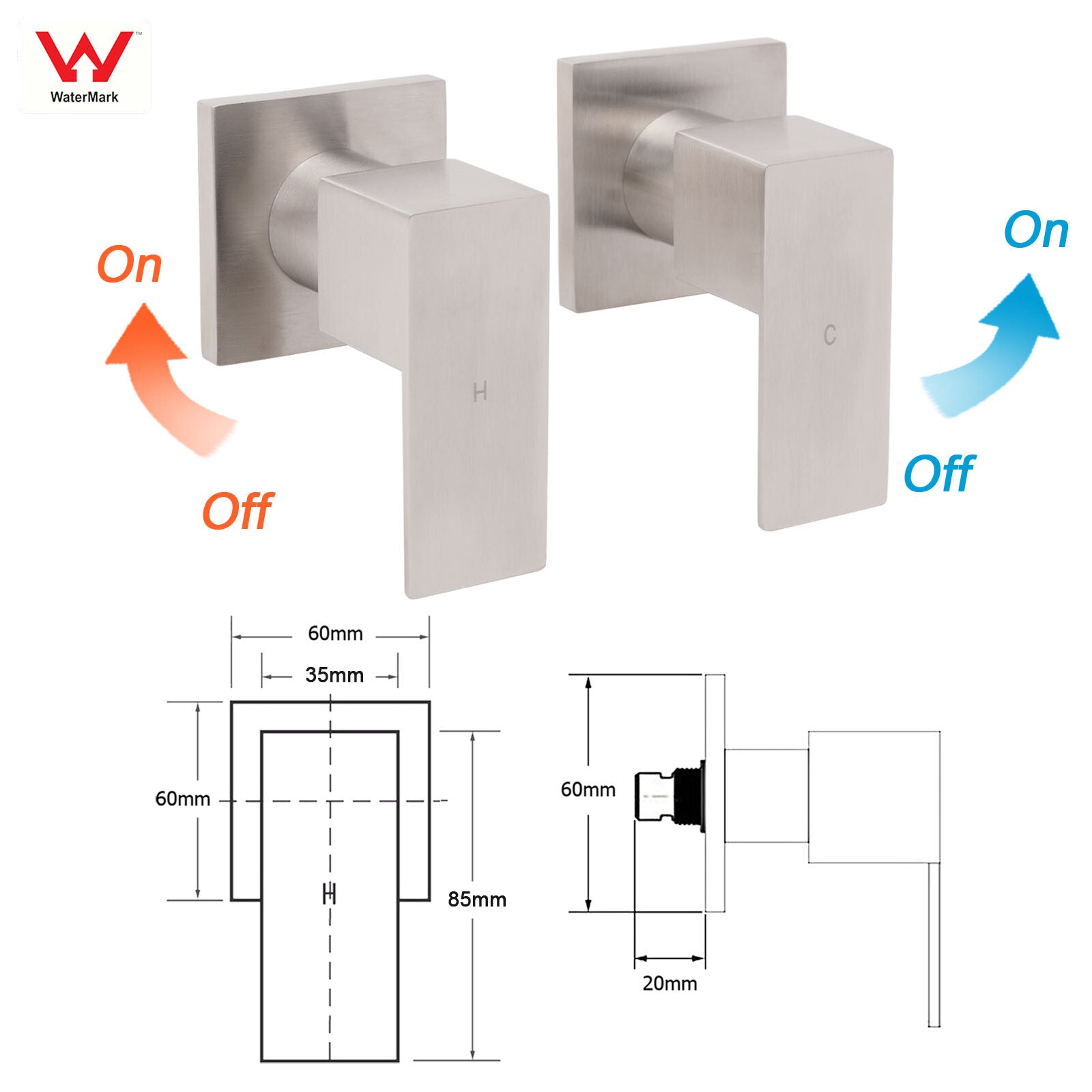 Brushed Nickel Square 1/4 Turn Wall Mounted Twin Taps For Shower Bath Spout Set V1233-KSQ203BS