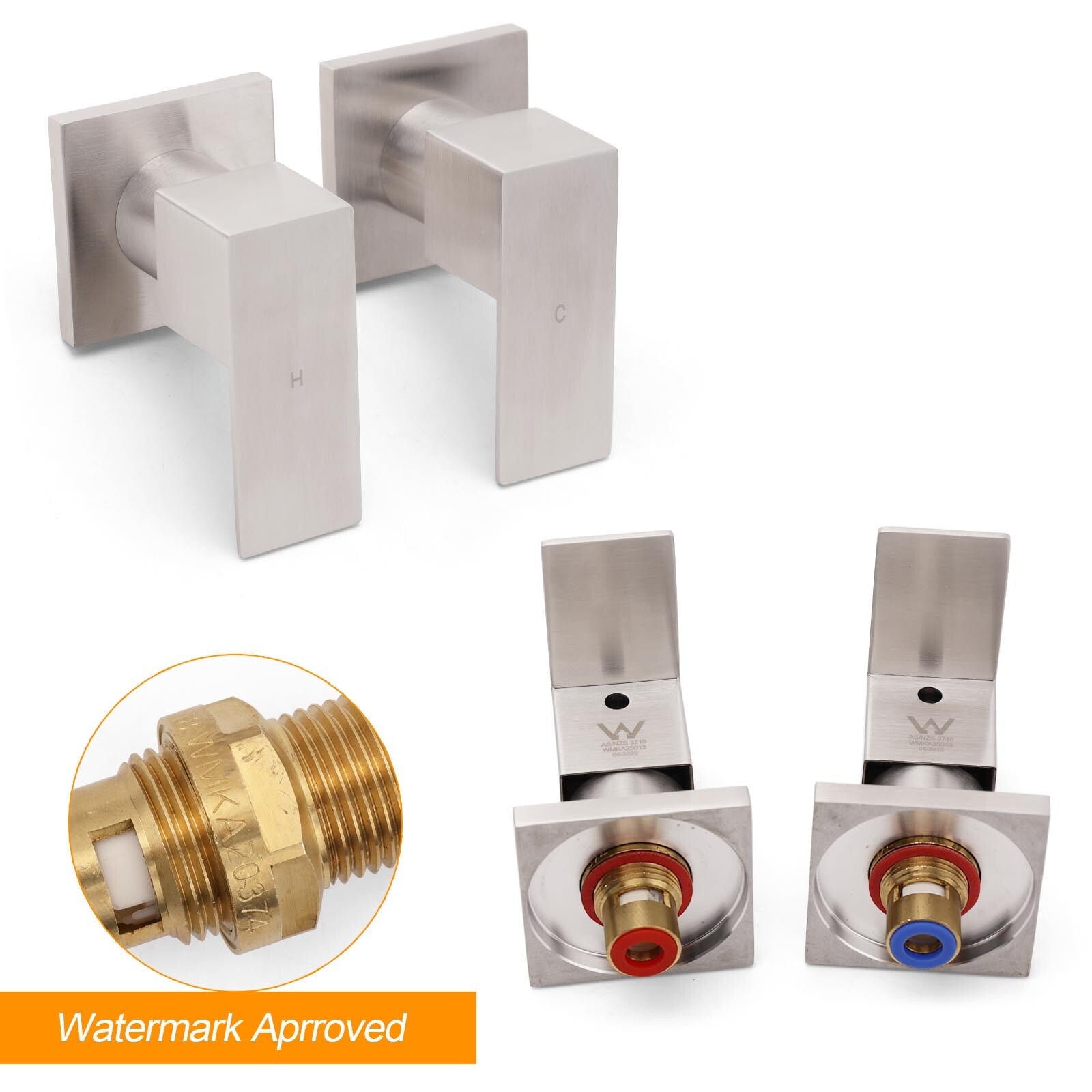 Brushed Nickel Square 1/4 Turn Wall Mounted Twin Taps For Shower Bath Spout Set V1233-KSQ203BS