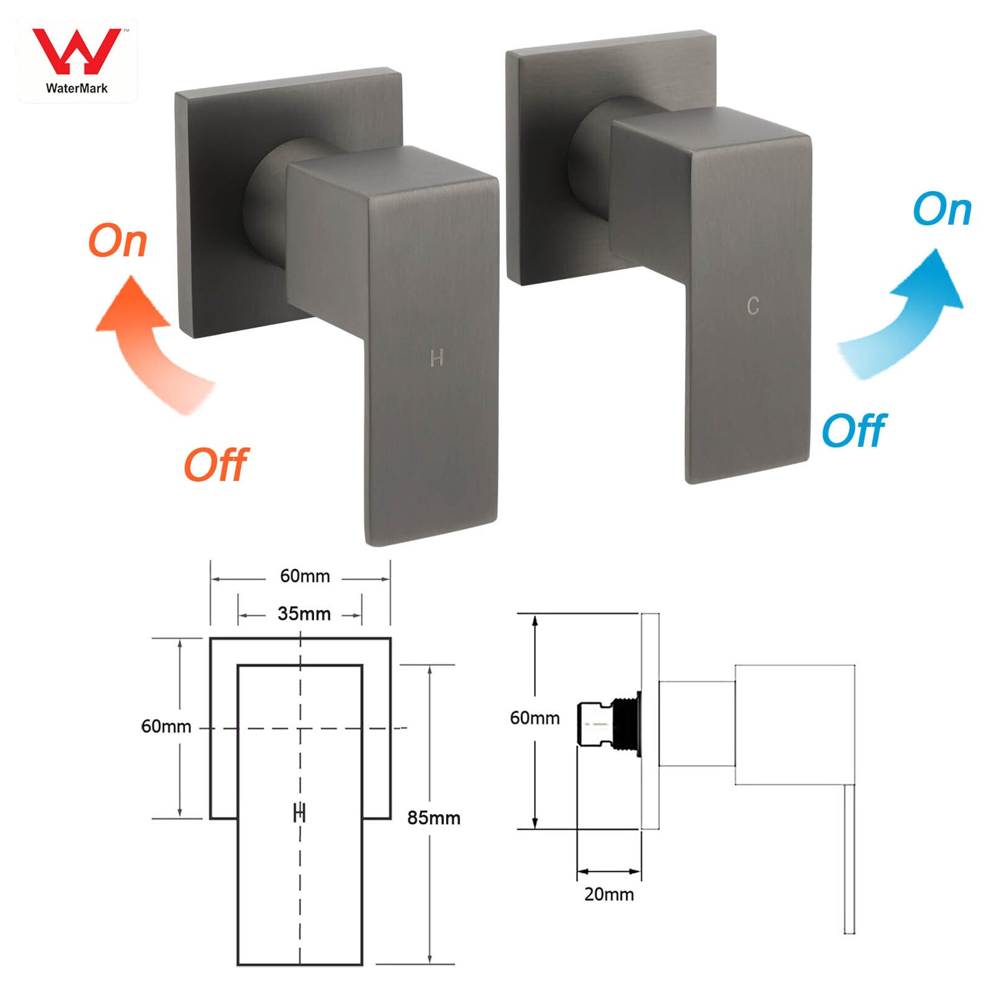 Gun Metal Grey Square 1/4 Quarter Turn Wall Twin Taps For Shower Basin Spout Set V1233-KSQ203GM