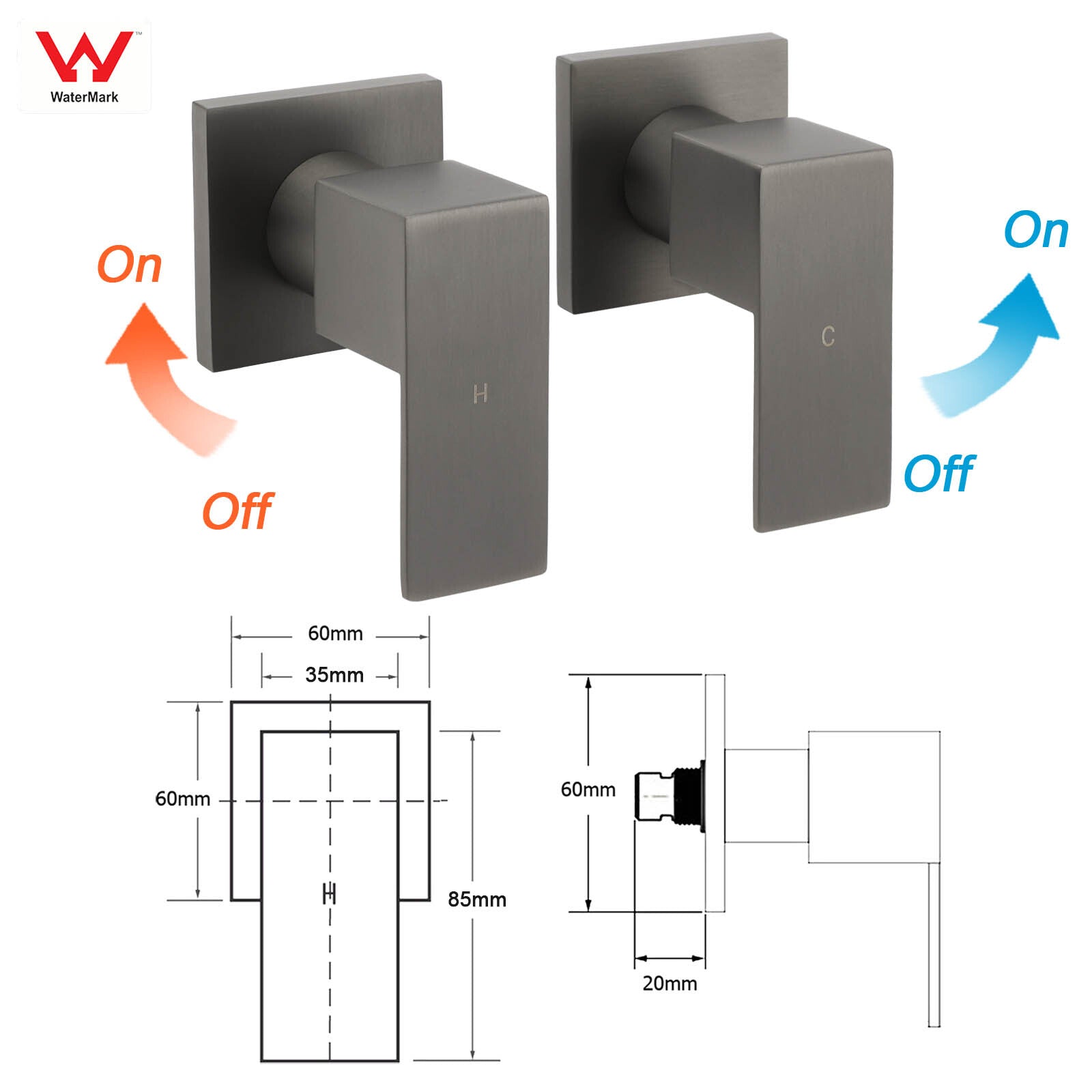 Gun Metal Grey Square 1/4 Quarter Turn Wall Twin Taps For Shower Basin Spout Set V1233-KSQ203GM