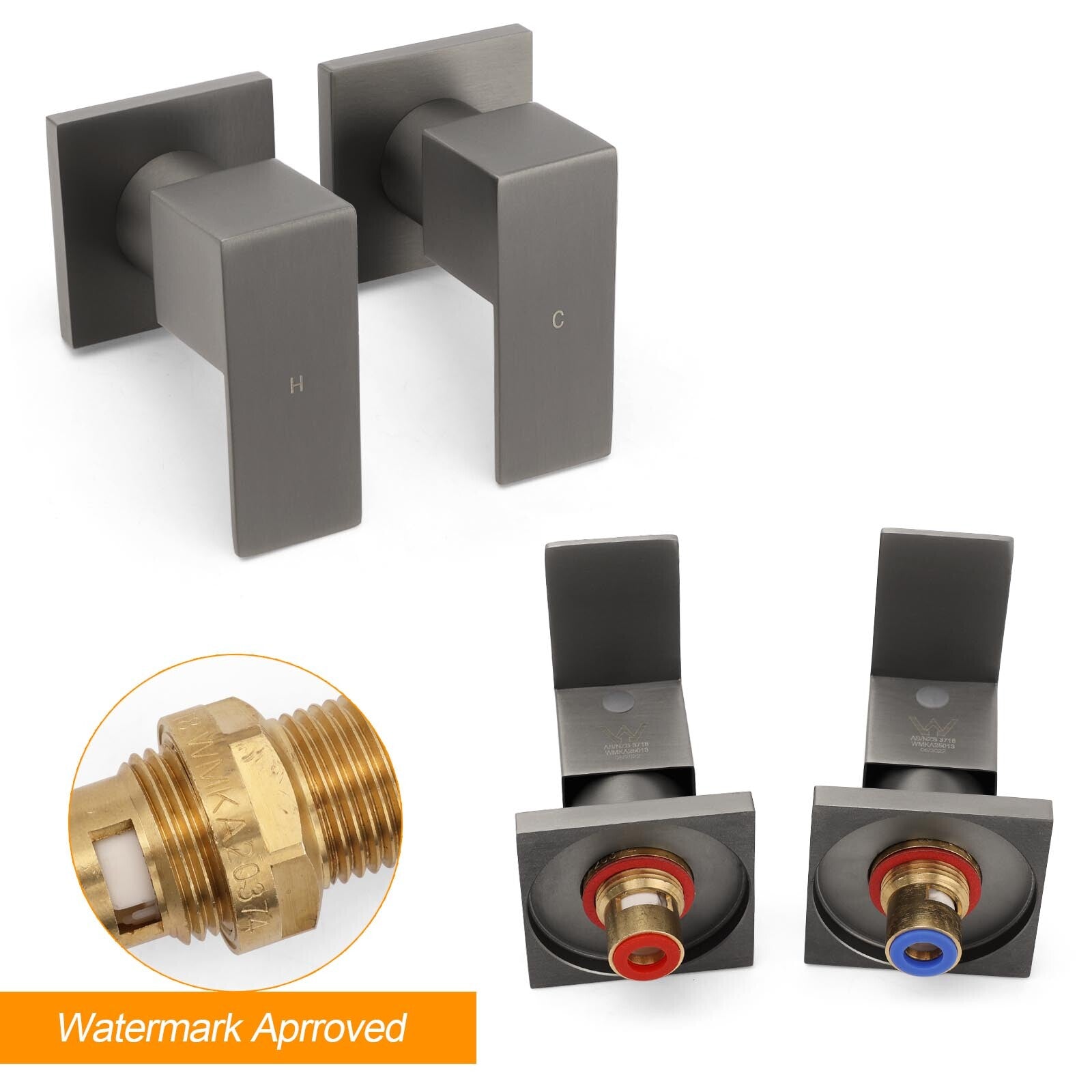 Gun Metal Grey Square 1/4 Quarter Turn Wall Twin Taps For Shower Basin Spout Set V1233-KSQ203GM