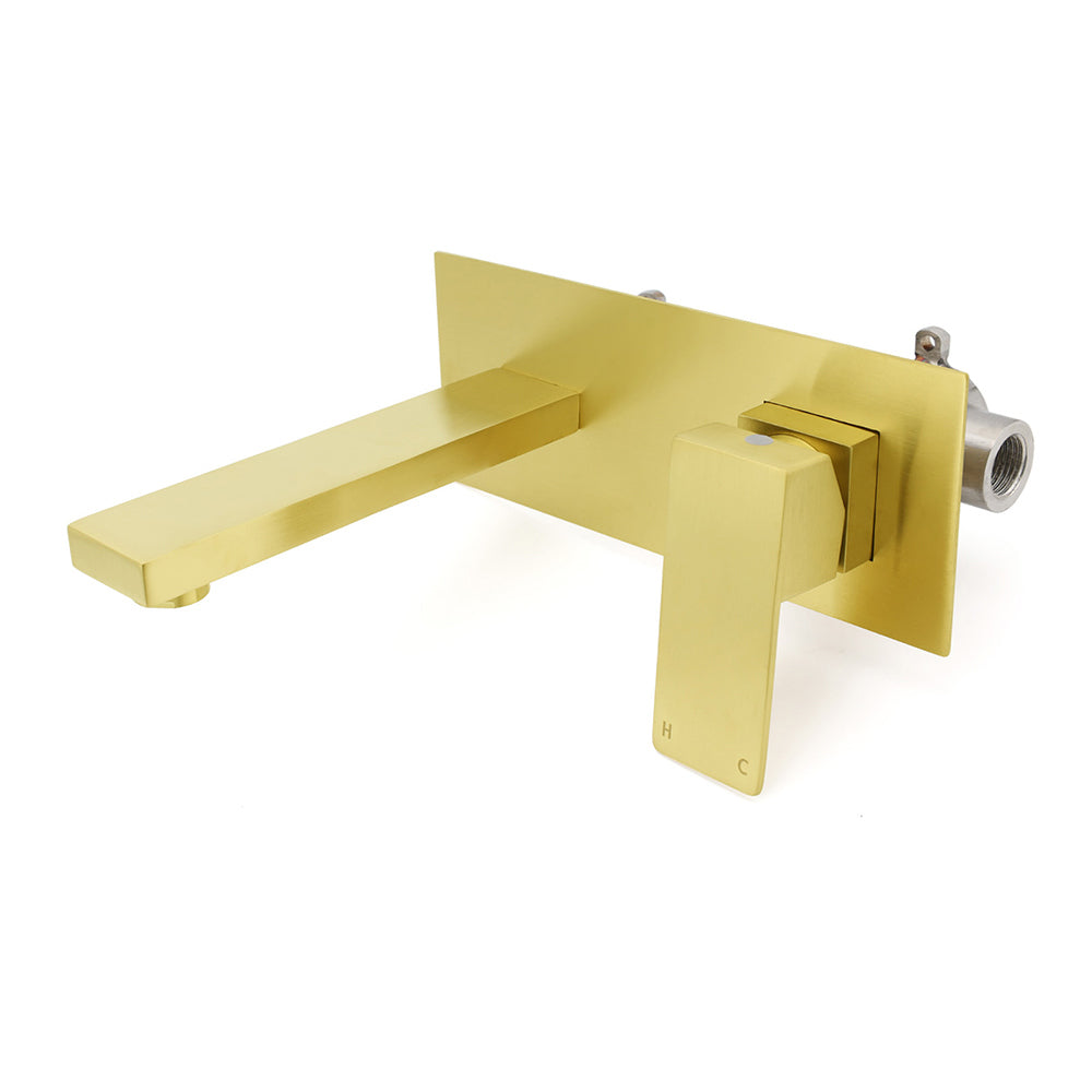 Brushed Gold Square Wall Mount Basin Mixer Laundry Vanity Tap Spout Faucet Set V1233-KSQ301G