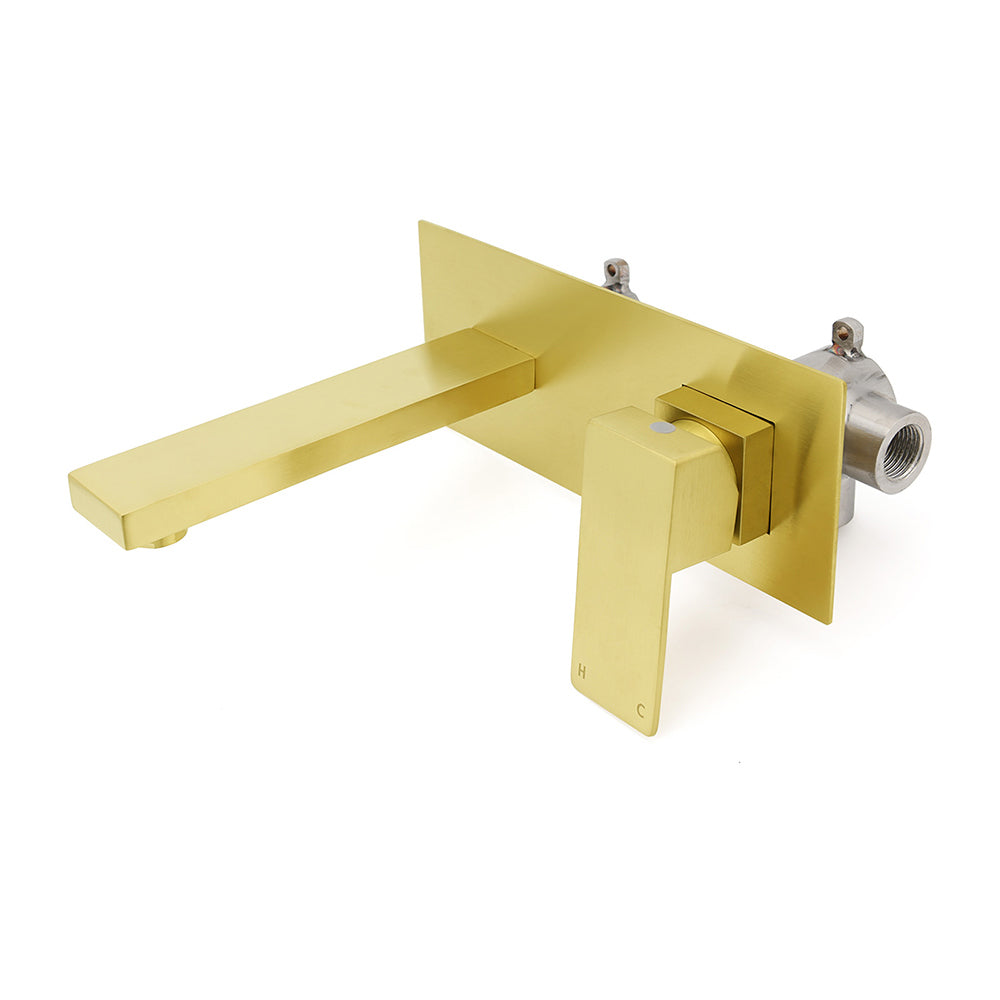 Brushed Gold Square Wall Mount Basin Mixer Laundry Vanity Tap Spout Faucet Set V1233-KSQ301G