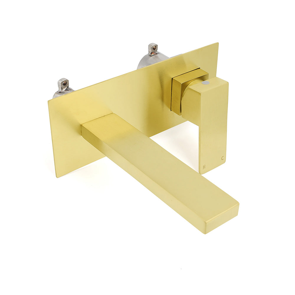Brushed Gold Square Wall Mount Basin Mixer Laundry Vanity Tap Spout Faucet Set V1233-KSQ301G