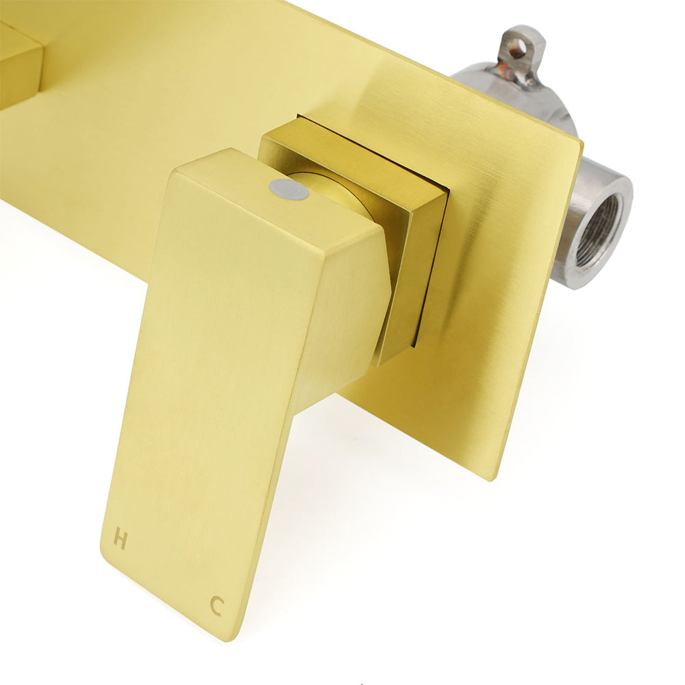 Brushed Gold Square Wall Mount Basin Mixer Laundry Vanity Tap Spout Faucet Set V1233-KSQ301G