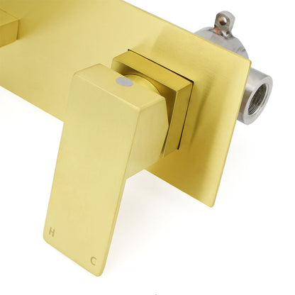 Brushed Gold Square Wall Mount Basin Mixer Laundry Vanity Tap Spout Faucet Set V1233-KSQ301G