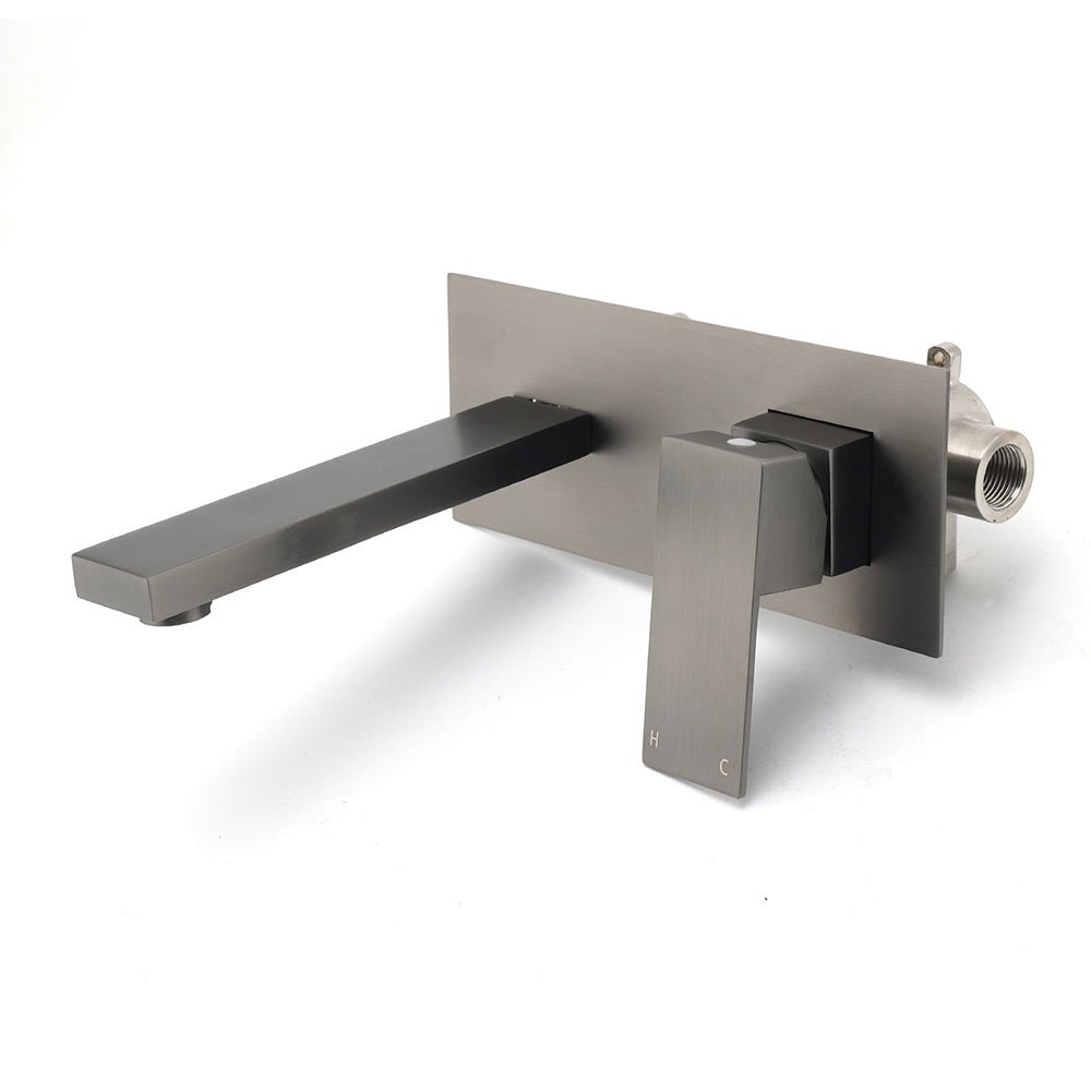 WELS Gun Metal Square Wall Mount Basin Mixer Laundry Vanity Tap Spout Faucet Set V1233-KSQ301GM