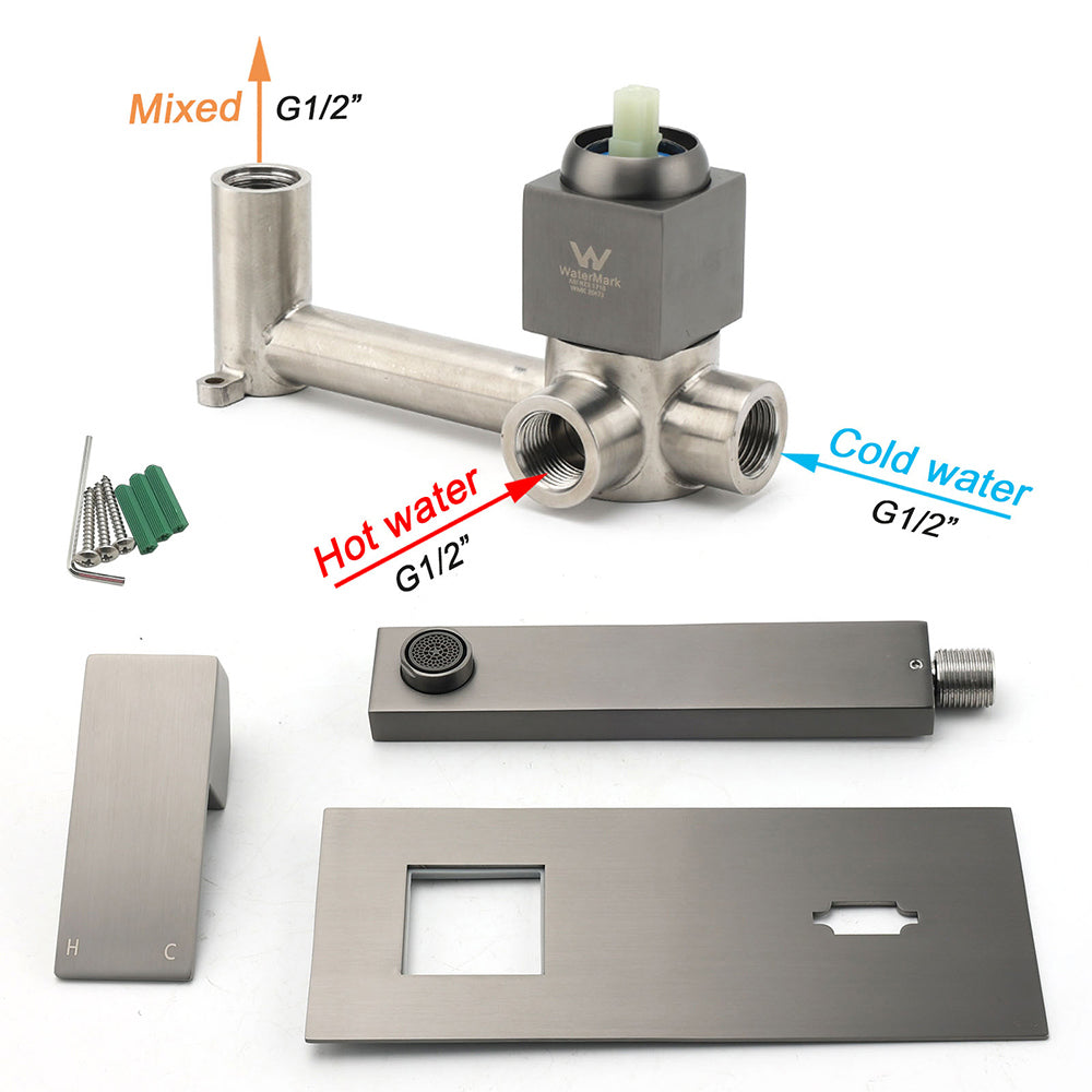 WELS Gun Metal Square Wall Mount Basin Mixer Laundry Vanity Tap Spout Faucet Set V1233-KSQ301GM