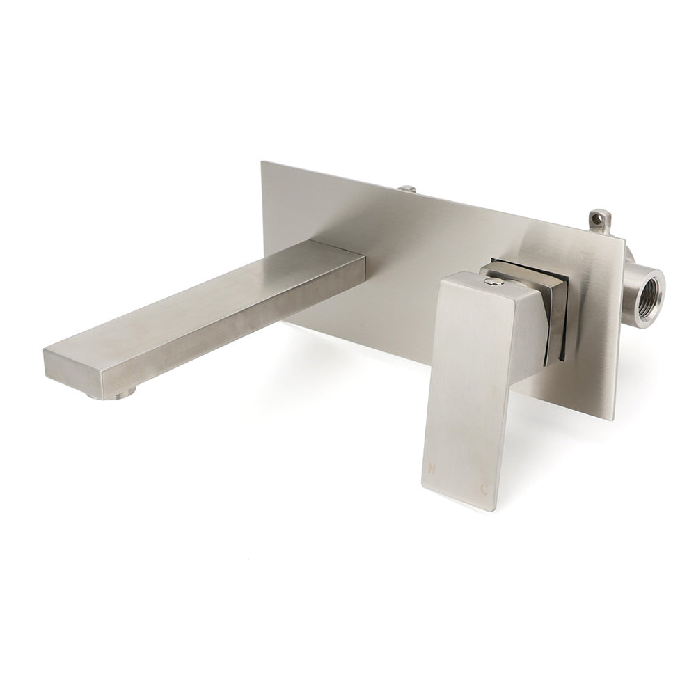 Brushed Nickel Square Wall Mount Basin Mixer Laundry Vanity Tap Spout Faucet Set V1233-KSQ301N