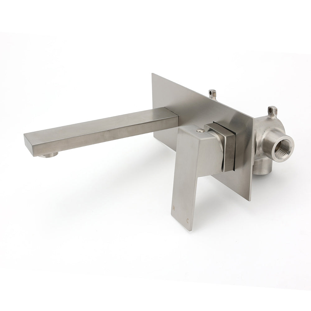 Brushed Nickel Square Wall Mount Basin Mixer Laundry Vanity Tap Spout Faucet Set V1233-KSQ301N