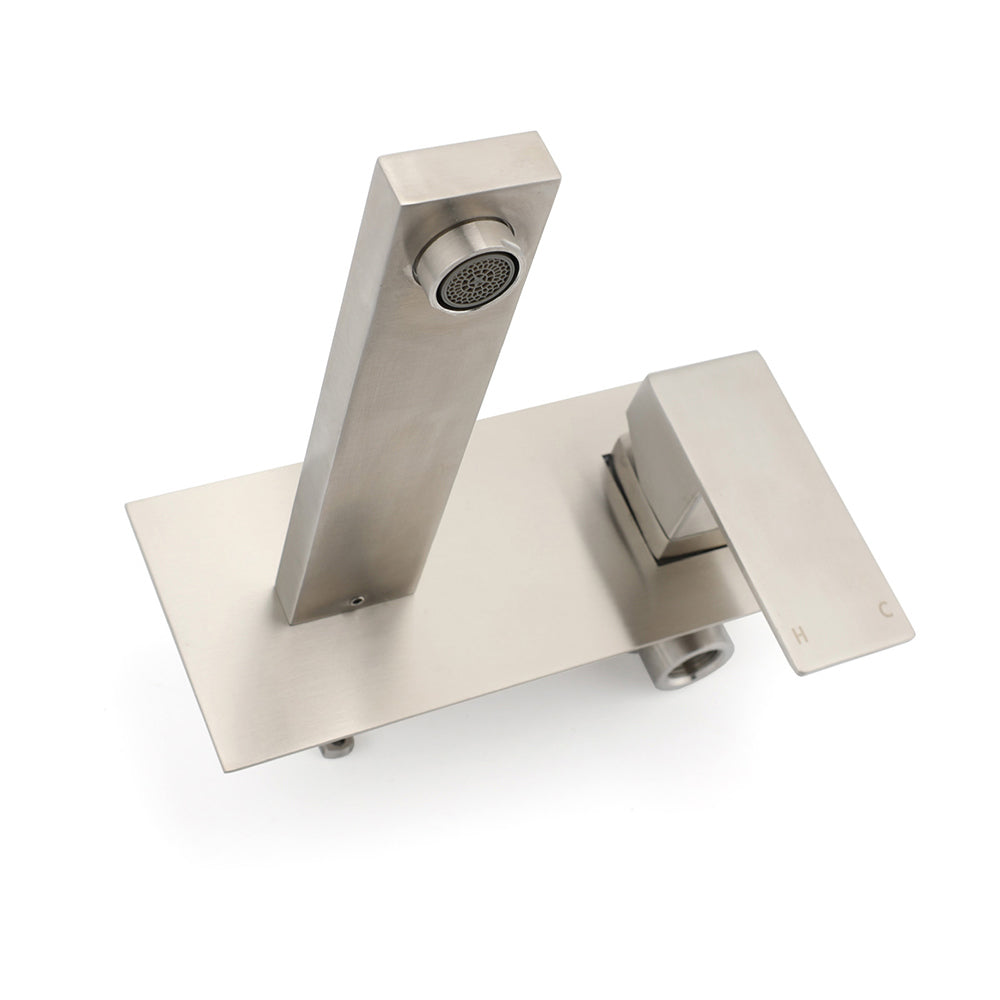 Brushed Nickel Square Wall Mount Basin Mixer Laundry Vanity Tap Spout Faucet Set V1233-KSQ301N