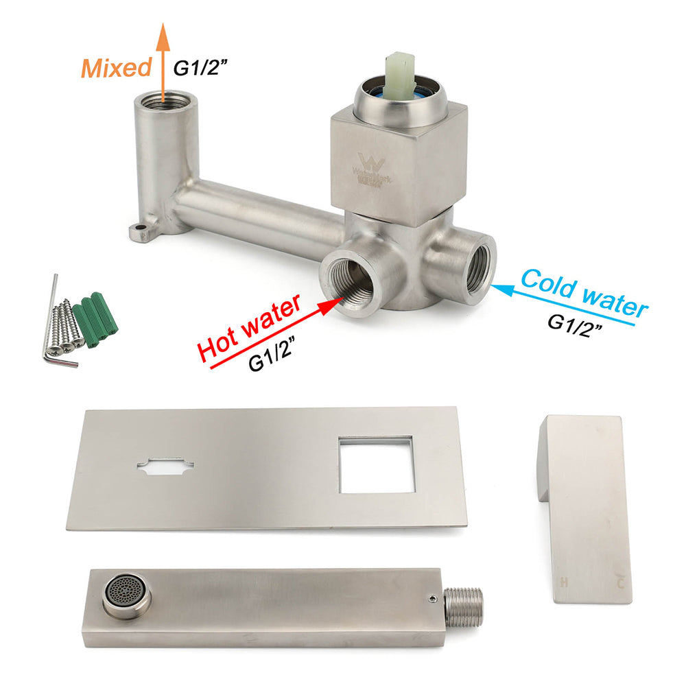 Brushed Nickel Square Wall Mount Basin Mixer Laundry Vanity Tap Spout Faucet Set V1233-KSQ301N