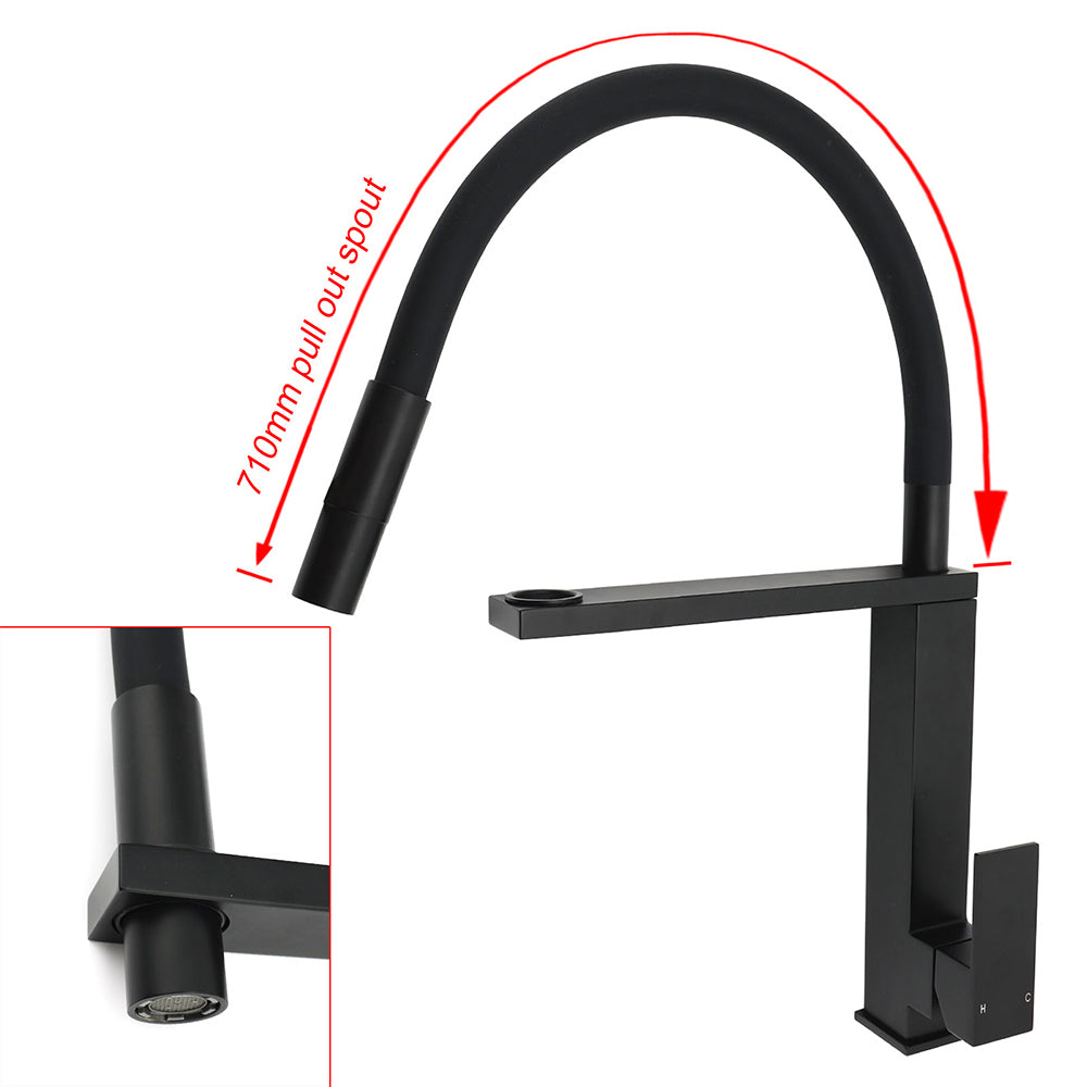 Matt Black Swivel Kitchen Sink Basin Mixer Swivel Faucet Tapware Pull Out Spout V1233-KSQ509B