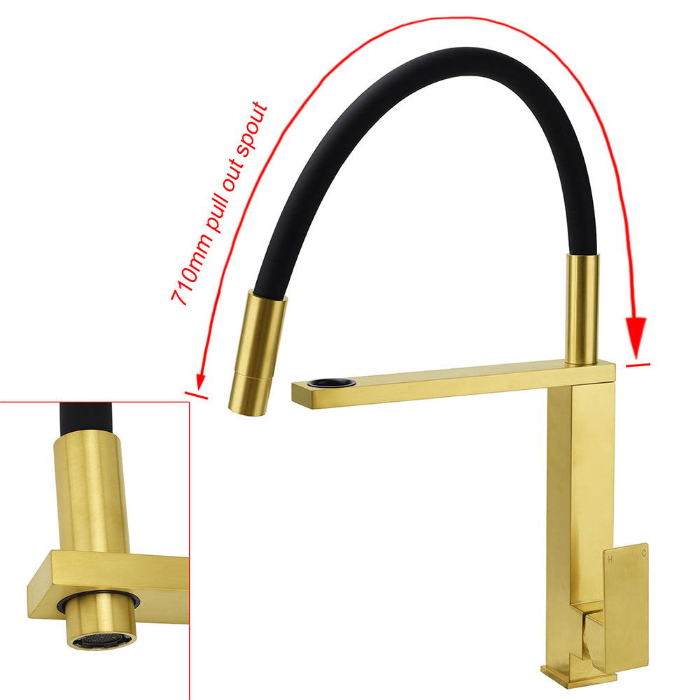 Brushed Gold Tall Kitchen Sink Basin Mixer Swivel Faucet Tap Pull Out Spout Head V1233-KSQ509BG