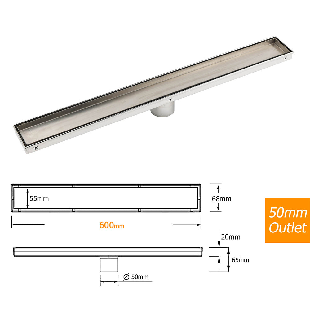 304 Stainless Steel 600mm Tile Insert Linear Shower Grate Floor Drain 50mm Waste V1233-LGTI01600D68