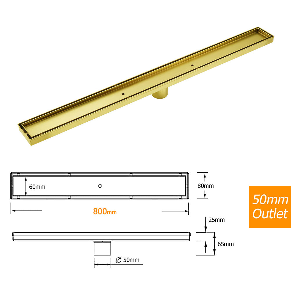 Brushed Gold 304SUS 800mm Tile Insert Shower Grate Floor Drain 50mm Waste Outlet V1233-LGTI01800DG