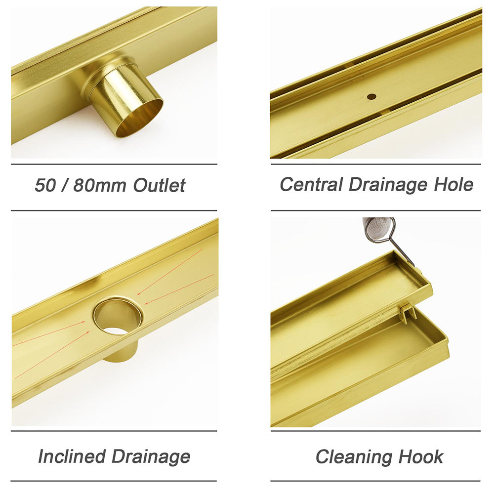 Brushed Gold 304SUS 800mm Tile Insert Shower Grate Floor Drain 50mm Waste Outlet V1233-LGTI01800DG