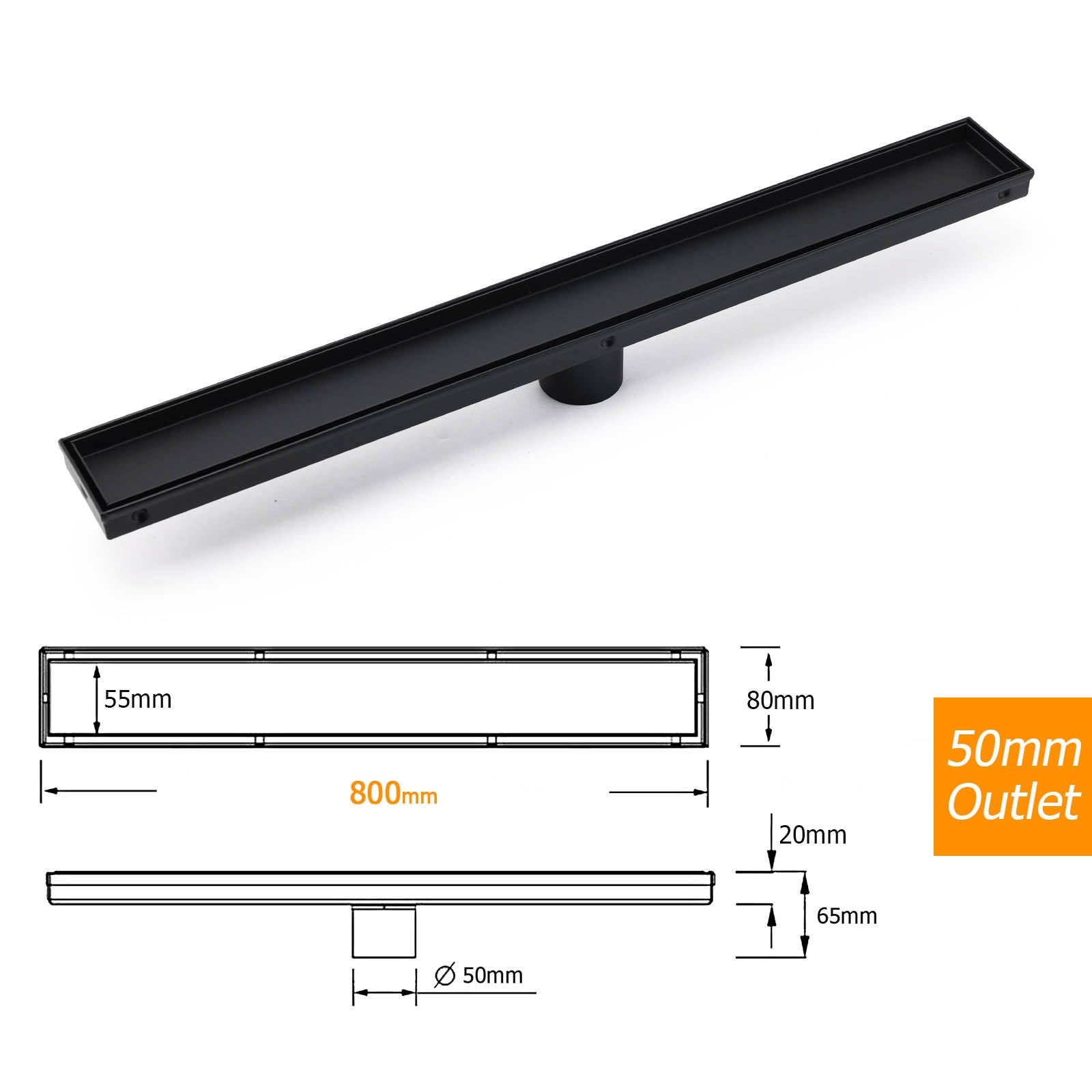Matt Black 800mm Tile Insert Bathroom Floor Drain Shower Grate 50mm Outlet Waste V1233-LGTI01800DP