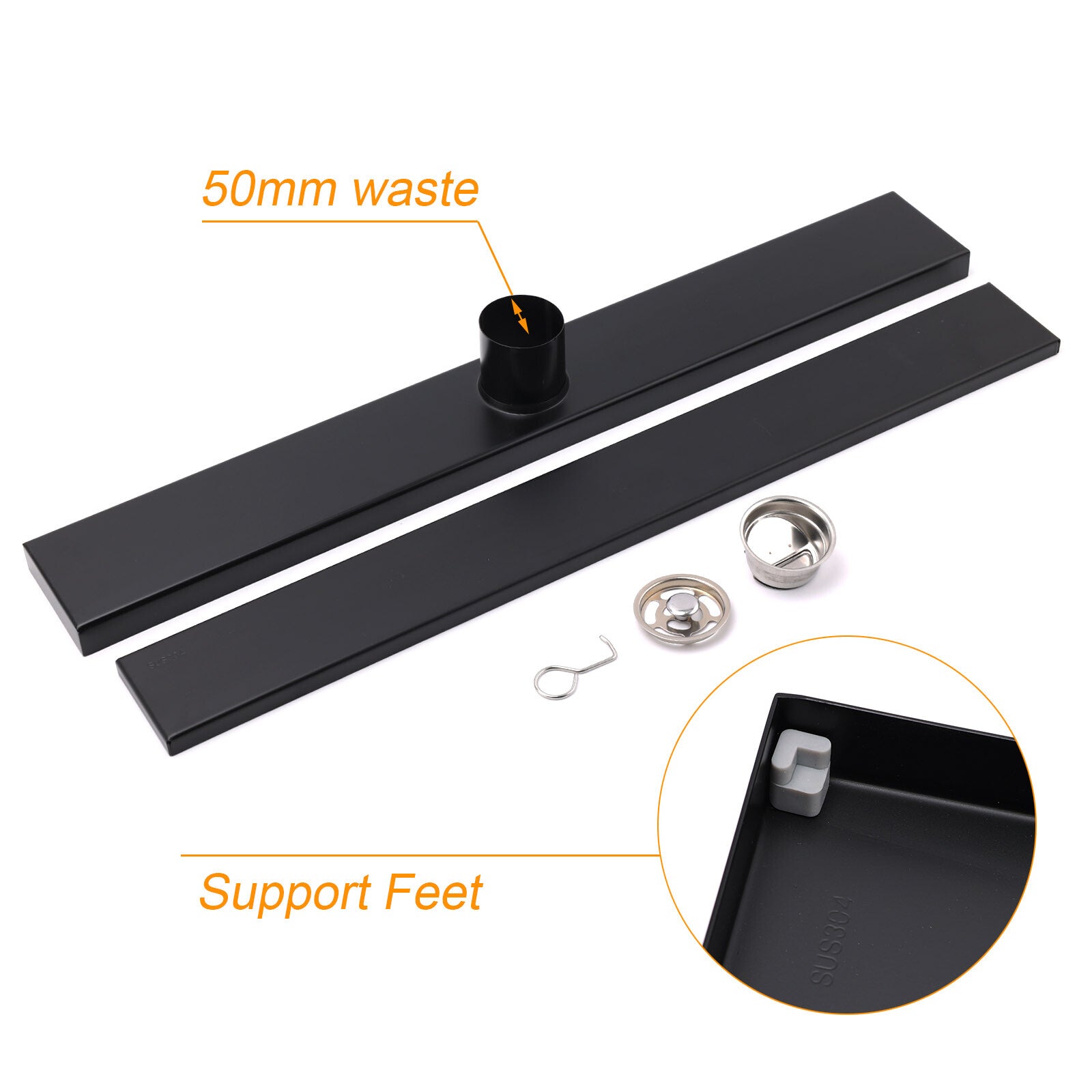 Matt Black 800mm Tile Insert Bathroom Floor Drain Shower Grate 50mm Outlet Waste V1233-LGTI01800DP