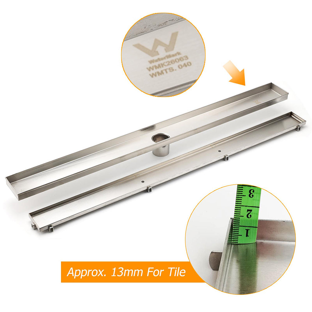 WaterMark Brushed Steel 900mm Tile Insert Shower Grate Floor Drain 50mm Outlet V1233-LGTI01900C