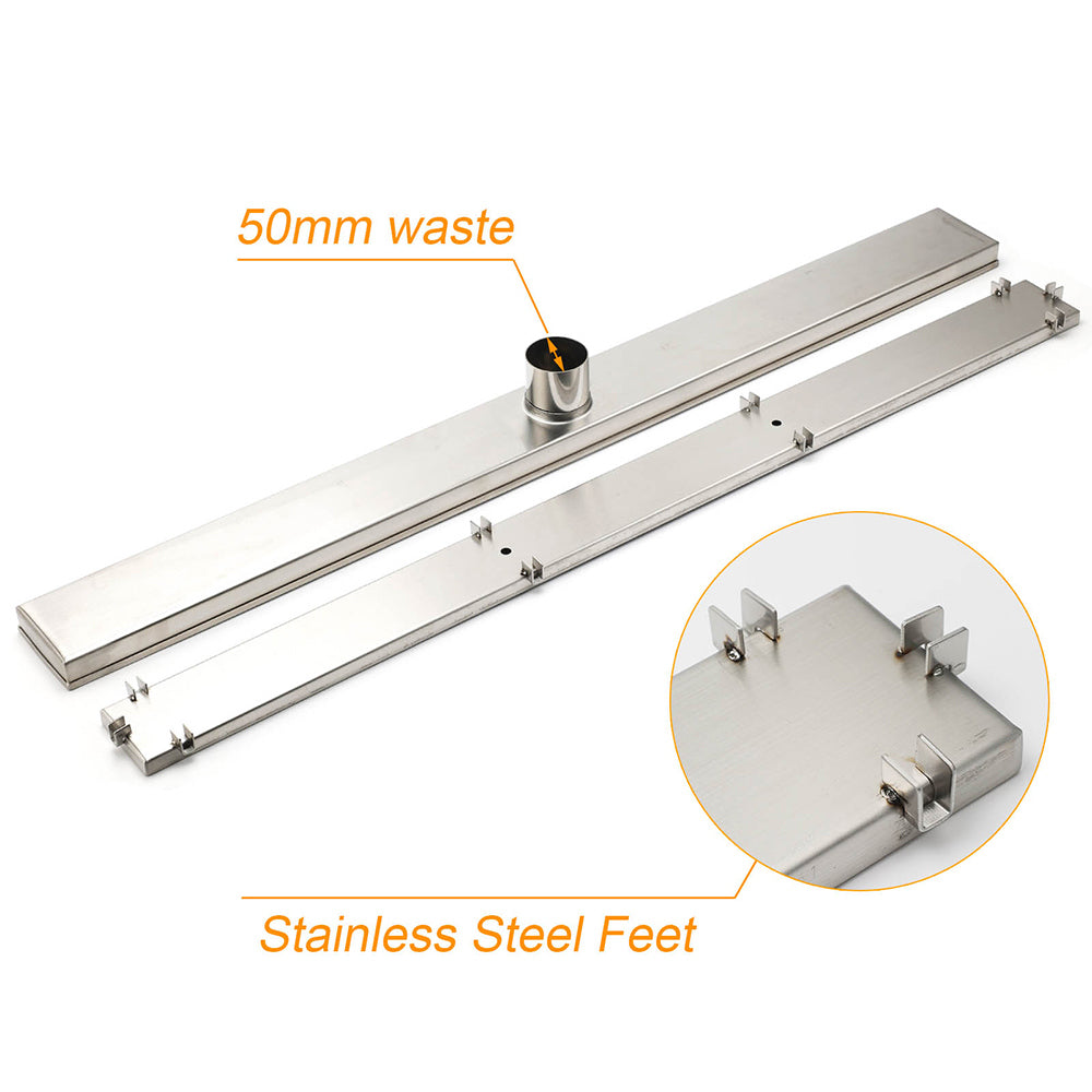 WaterMark Brushed Steel 900mm Tile Insert Shower Grate Floor Drain 50mm Outlet V1233-LGTI01900C