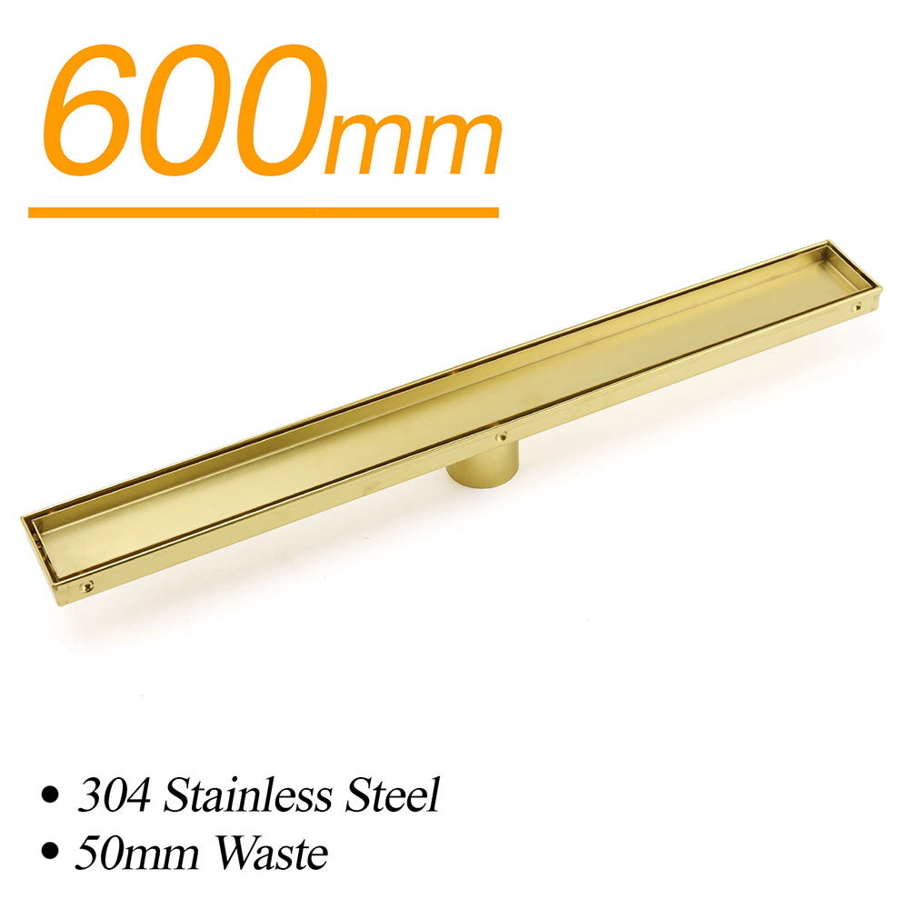 Brushed Gold 600mm Tile Insert Linear Shower Grate Floor Drain 50mm Outlet Waste V1233-LGTI02A600BG