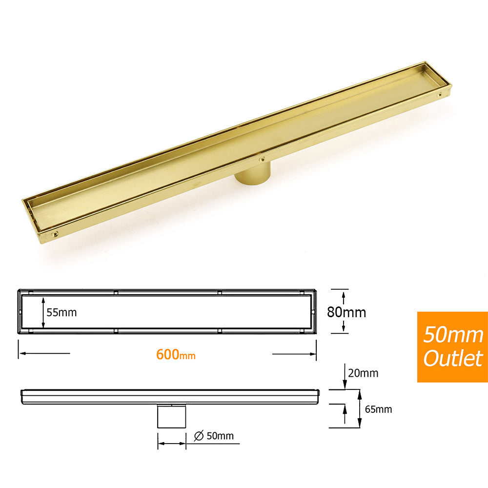 Brushed Gold 600mm Tile Insert Linear Shower Grate Floor Drain 50mm Outlet Waste V1233-LGTI02A600BG