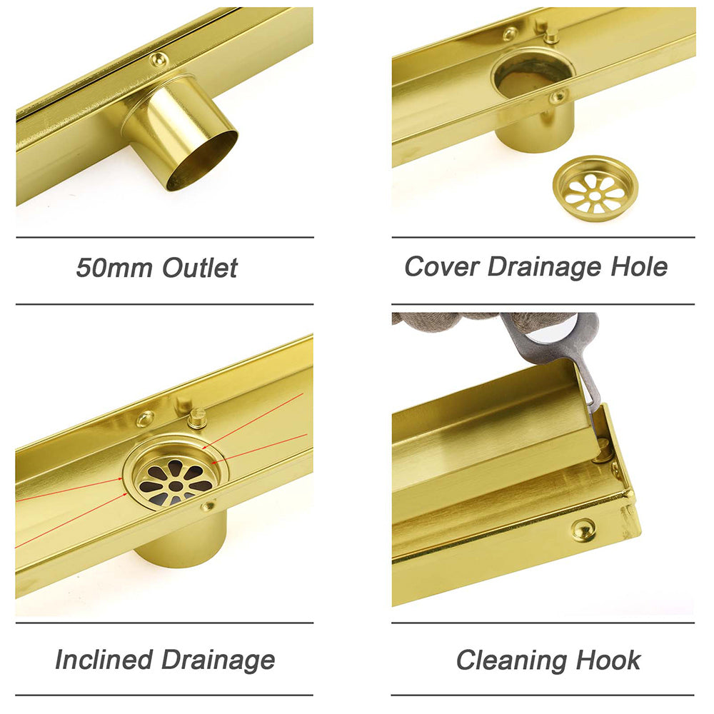 Brushed Gold 600mm Tile Insert Linear Shower Grate Floor Drain 50mm Outlet Waste V1233-LGTI02A600BG