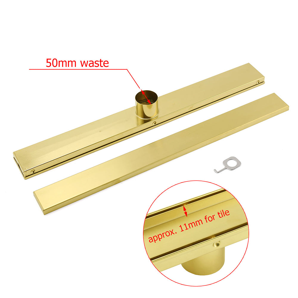 Brushed Gold 600mm Tile Insert Linear Shower Grate Floor Drain 50mm Outlet Waste V1233-LGTI02A600BG