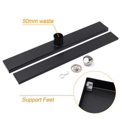 Matt Black 600mm Tile Insert Linear Shower Grate Floor Drain 50mm Waste Outlet V1233-LGTI02A600BL