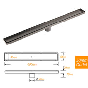 Gun Metal Tile Insert 600mm Linear Shower Grate Floor Drain 50mm Waste Outlet V1233-LGTI02A600GM