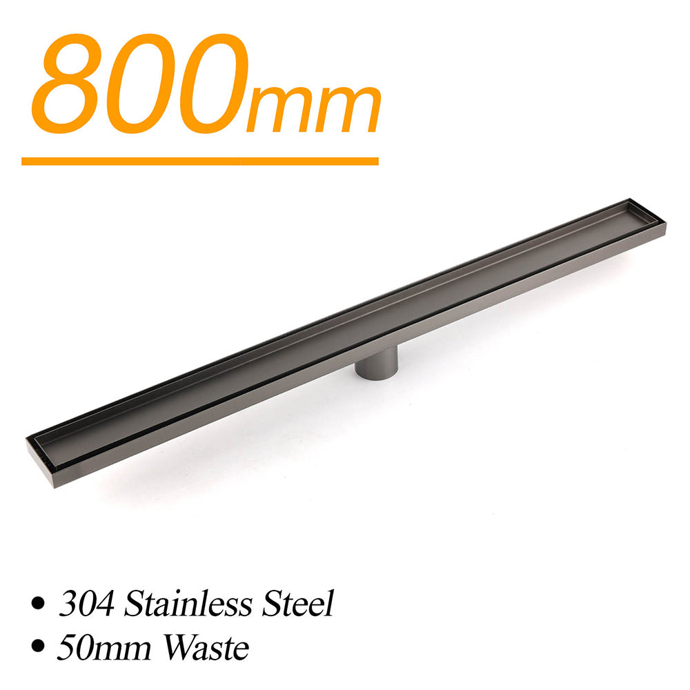Gun Metal Bathroom Tile Insert 800mm Linear Shower Grate Floor Drain 50mm Waste V1233-LGTI02A800GM