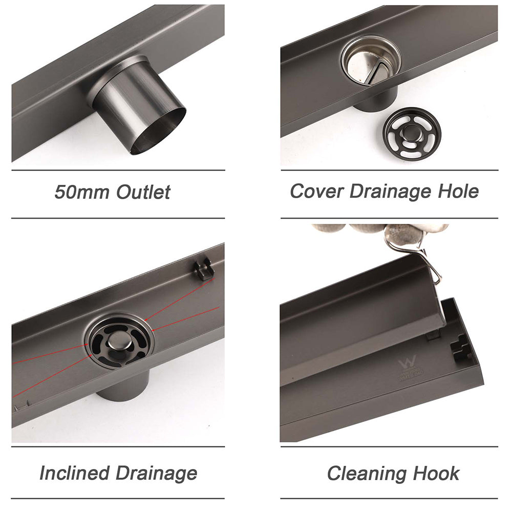 Gun Metal Bathroom Tile Insert 800mm Linear Shower Grate Floor Drain 50mm Waste V1233-LGTI02A800GM